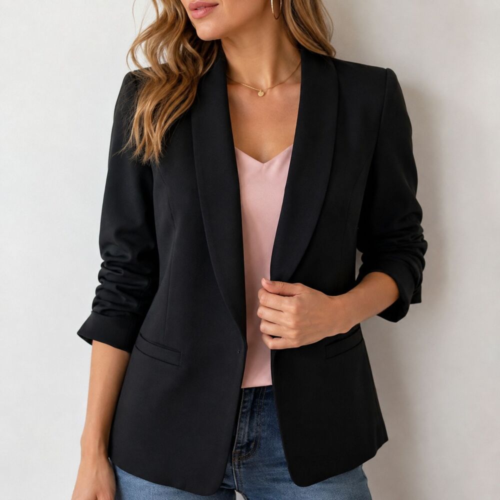 One by One Womens Black Ruched Sleeve Blazer Size Small Open Front Career Jacket